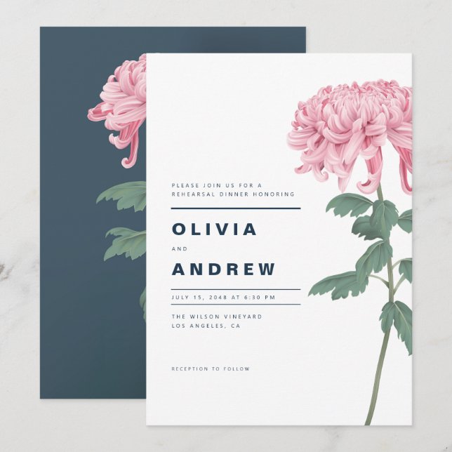 Rosa Chrysanthemum Botanisk repetitionsmiddag Inbjudningar (Fram/baksida)