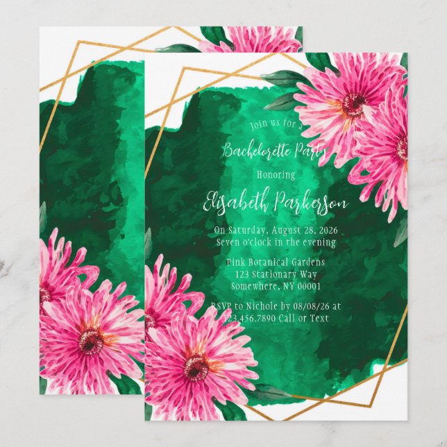 Rosa Chrysanthemums Geometric Bachelorette Party Inbjudningar (Fram/baksida)