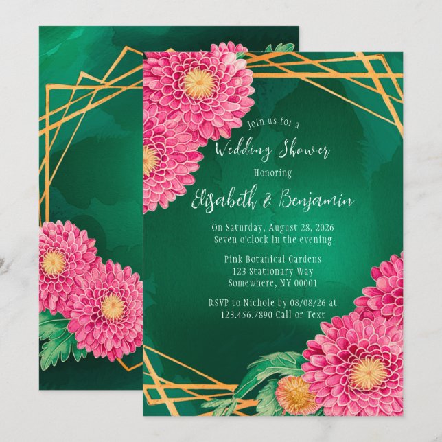 Rosa Chrysanthemums Guld Geometric Möhippa Inbjudningar (Fram/baksida)
