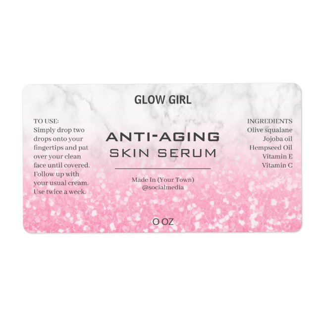 Rosa Chunky Glitter och marmor serumetiketter Fraktsedel (Framsidan)