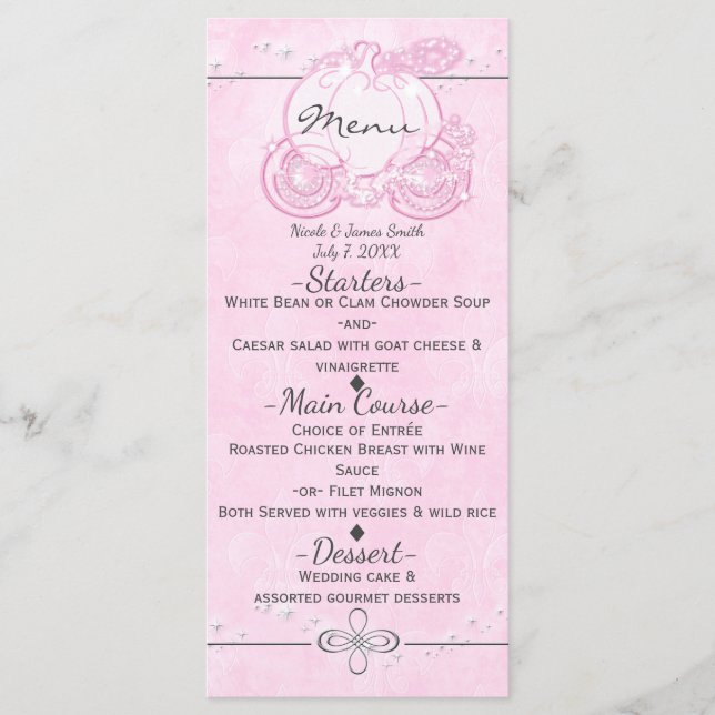 Rosa Cinderella Carriage Elegant Party Menu Meny (Framsida)