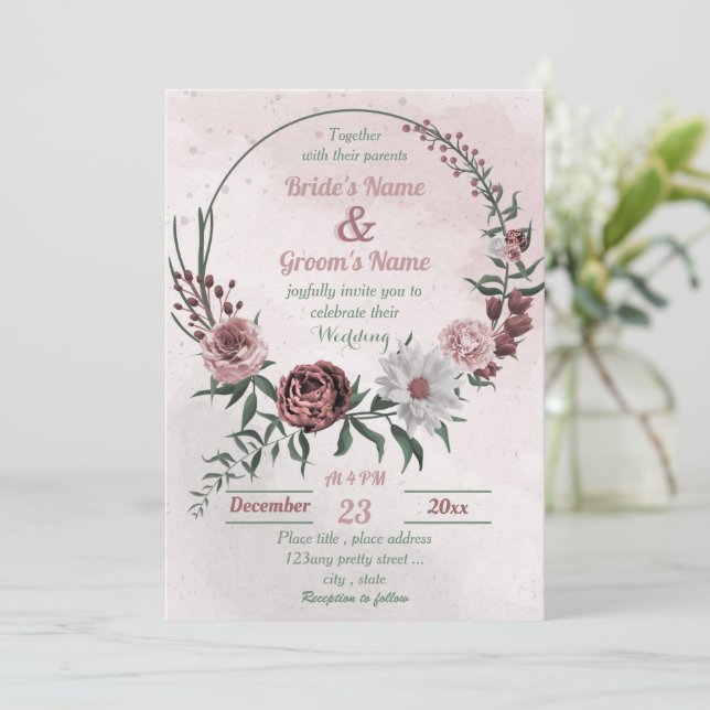rosa cinnamon ro, vit blommigt och utandning bröll inbjudningar (Stående Fram)