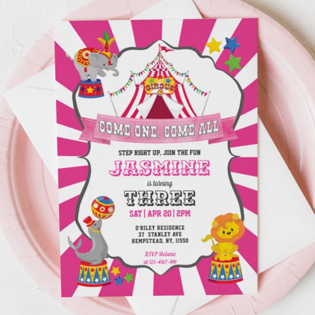 Rosa Circus Karnival Birthday-inbjudan Inbjudningar (Skapare uppladdad)