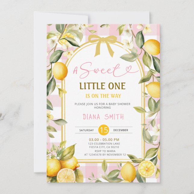 Rosa citron En söt liten en bebisfest Inbjudningar (Framsida)