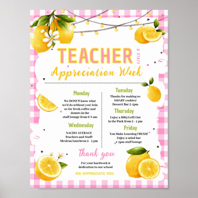 Rosa citron Läraruppskattningsvecka Itinerary Poster (Framsidan)