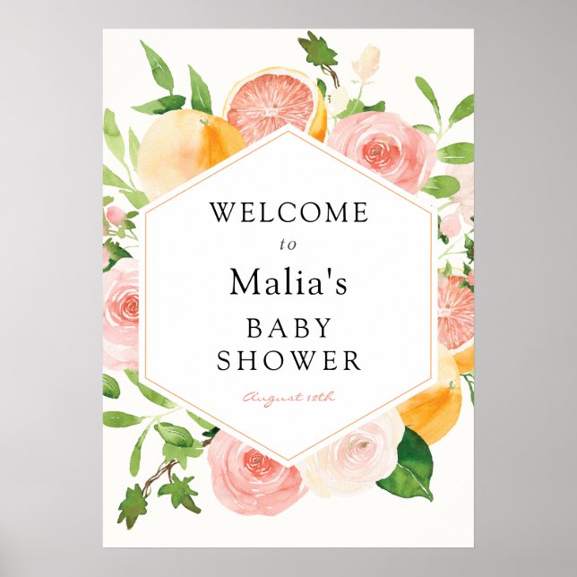 Rosa Citrus Blommig Baby Shower Välkomstskylt Poster (Framsidan)
