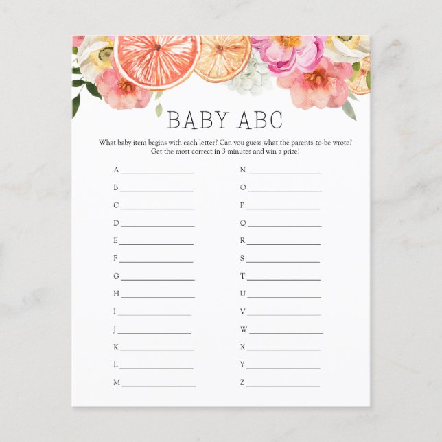 Rosa Citrus Flowers Baby ABC Baby Shower Game (Framsida)