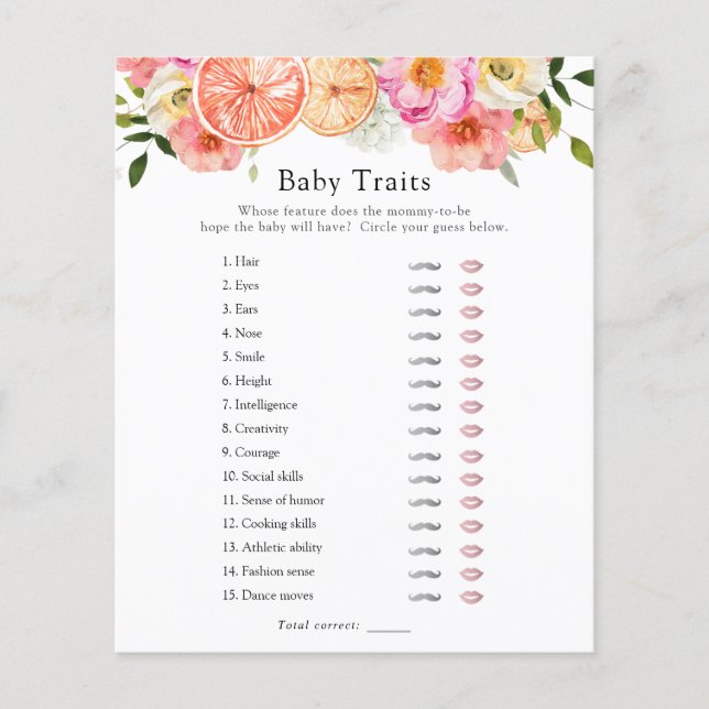 Rosa Citrus Flowers Baby Traits Shower Game (Framsida)