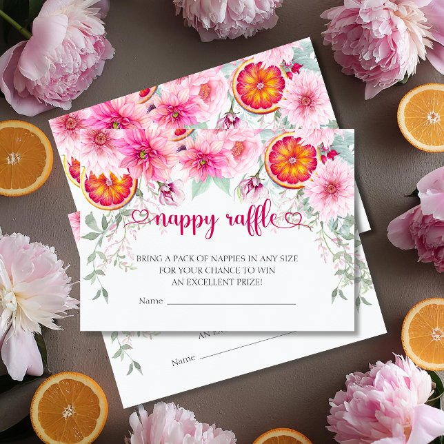 Rosa & Citrus Nappy Diaper Raffle Baby Shower Tilläggskort (Citrus & Pink Watercolor Flowers Baby Shower Nappy Raffle - Diaper Raffle Enclosure Cards)