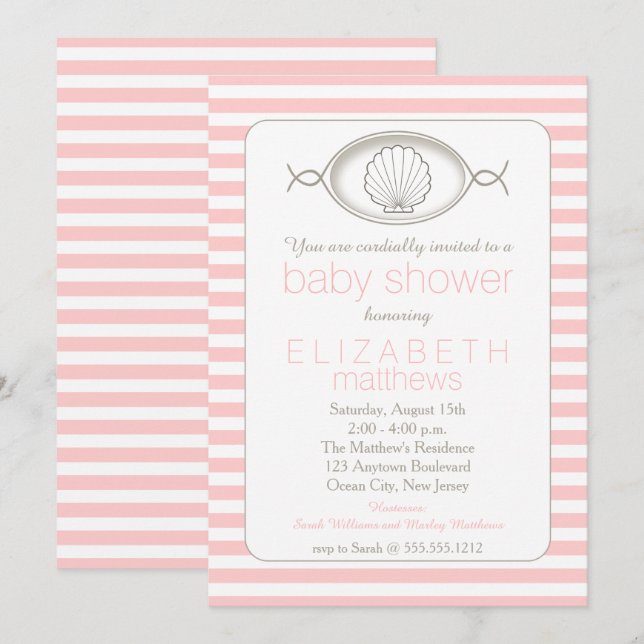Rosa Clamshell Stripe Beach Theme Baby Shower Inv Inbjudningar (Fram/baksida)