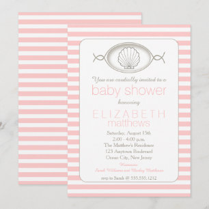Rosa Clamshell Stripe Beach Theme Baby Shower Inv Inbjudningar