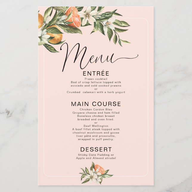 Rosa Clementine Little Cutie Baby Shower Menu (Framsida)