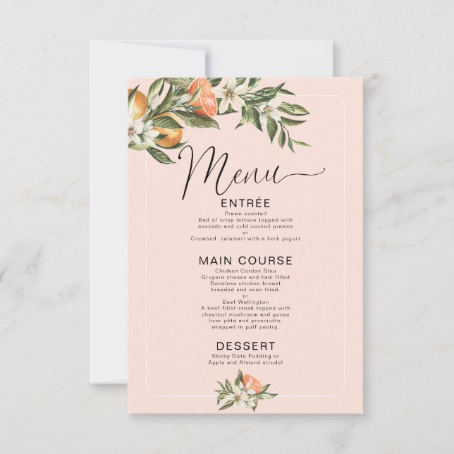 Rosa Clementine Little Cutie Baby Shower Menu Inbjudningar (Framsida)