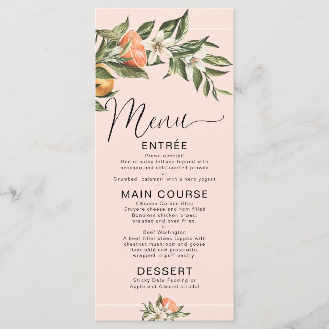Rosa Clementine Little Cutie Baby Shower Menu Meny (Framsida)