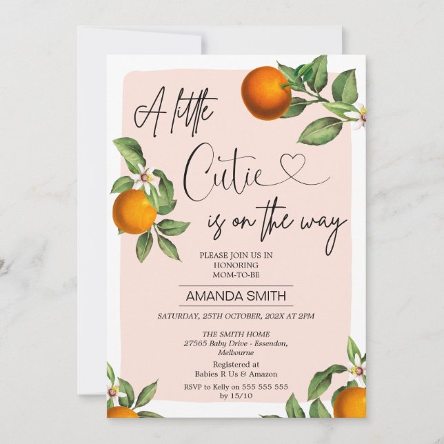 Rosa Clementine Oranges Little Cutie Baby Shower Inbjudningar (Framsida)
