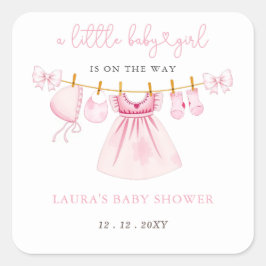 Rosa Clothesline Coquette Bow Girl Baby Shower Fyrkantigt Klistermärke