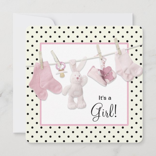 Rosa Clothesline Flicka Shower Inbjudningar (Framsida)