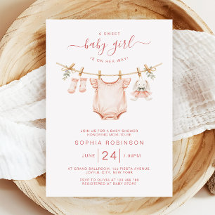  Rosa Clothesline Girl Baby Shower Inbjudningar