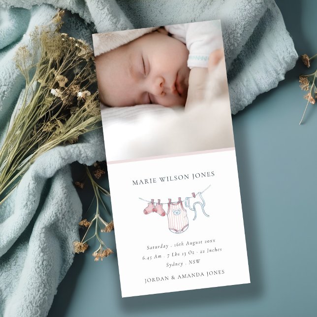 Rosa Clothesline Photo Baby Birth Notice Tack Kort (Skapare uppladdad)