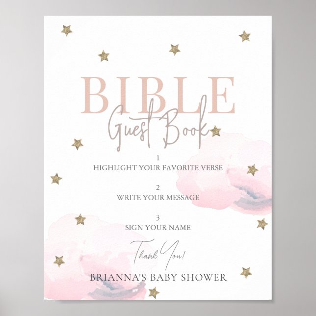 Rosa Cloud Guld Star Baby Shower Bible Guest Bok Poster (Framsidan)