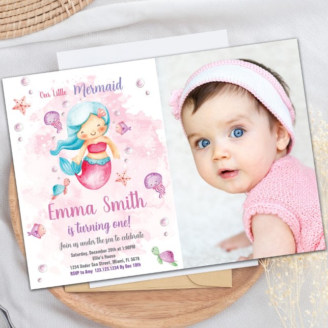Rosa Cloud Sjöjungfru Birthday-inbjudningar med fo Inbjudningar (Pink Cloud Mermaid Birthday Invitations with photo)