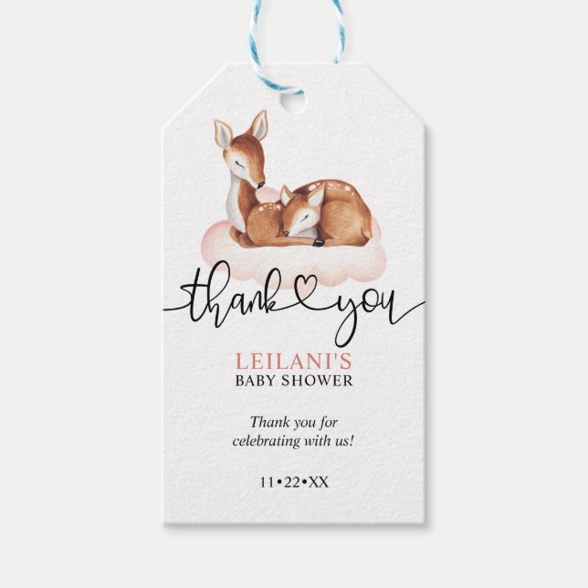 Rosa Cloud Watercolor Hjort Baby Shower Tack Presentetikett (Framsidan)