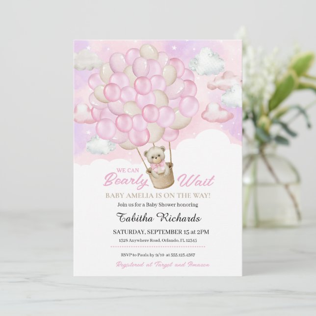 Rosa Clouds Nalle Luftballong Baby Shower för  Inbjudningar (Stående Fram)