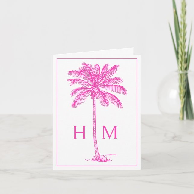 Rosa Coastal Palmetto Palm Monogram Anteckningskort (Framsida)