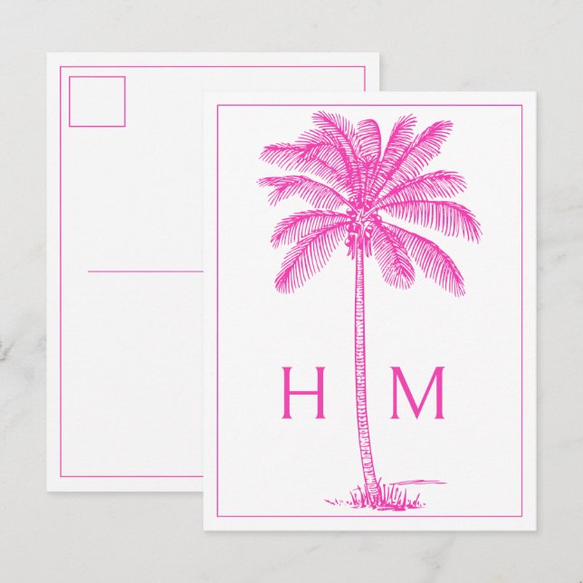 Rosa Coastal Palmetto Palm Monogram Vykort (Fram/baksida)