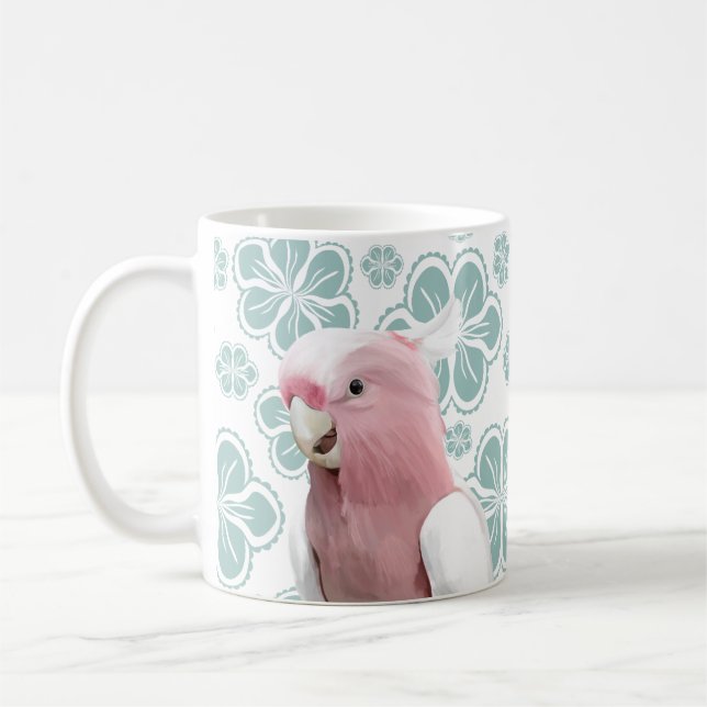 Rosa Cockatoo på Blåa blommor Kaffemugg (Vänster)