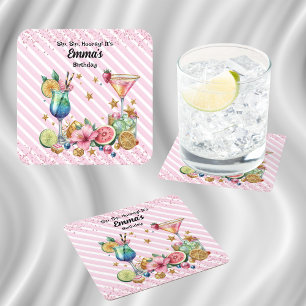 Rosa Cocktail Candy Glitter Birthday Underlägg Papper Kvadrat