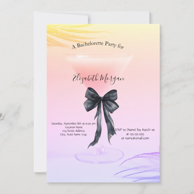  Rosa Cocktail Chic Svart Bow Sängkammarparty Inbjudningar (Framsida)