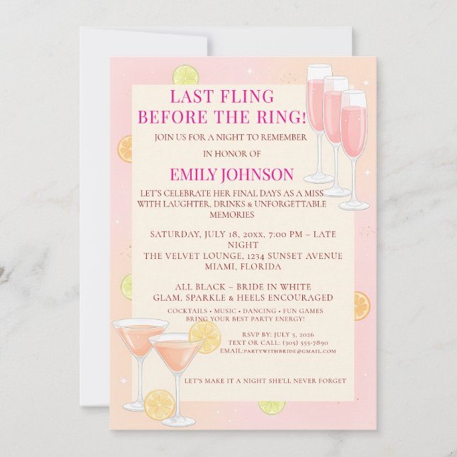 Rosa Cocktail Möhippa Inbjudningar (Framsida)