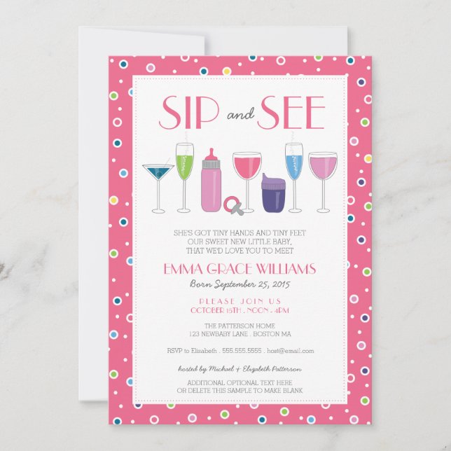 Rosa Cocktail Nyfödd bebis Girl Sip och se inbjuda Inbjudningar (Framsida)