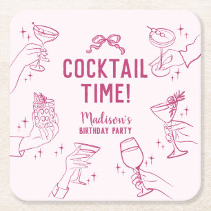 Rosa Cocktail Party Retro Födelsedagsfest Underlägg Papper Kvadrat