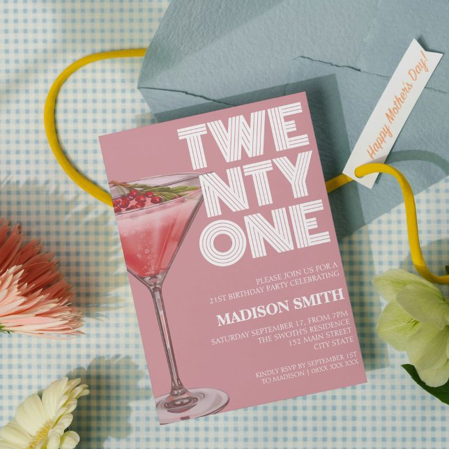 Rosa Cocktail Theme 21:a födelsedagen Party för he Inbjudningar (Skapare uppladdad)