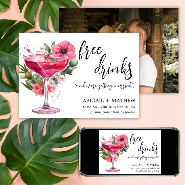 Rosa Cocktail-Trendiget Modern Photo Bröllop Spara Datumet (Funny Pink Cocktail Trendy Modern Photo Wedding Save The Date - Front, Back, Digital)