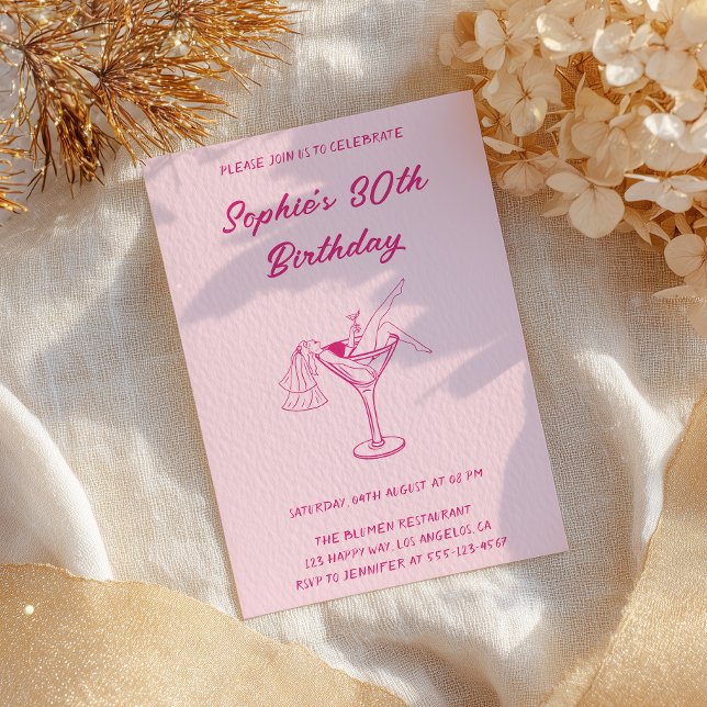Rosa cocktailfest 30-årsfest | Retro Martini Inbjudningar (Skapare uppladdad)