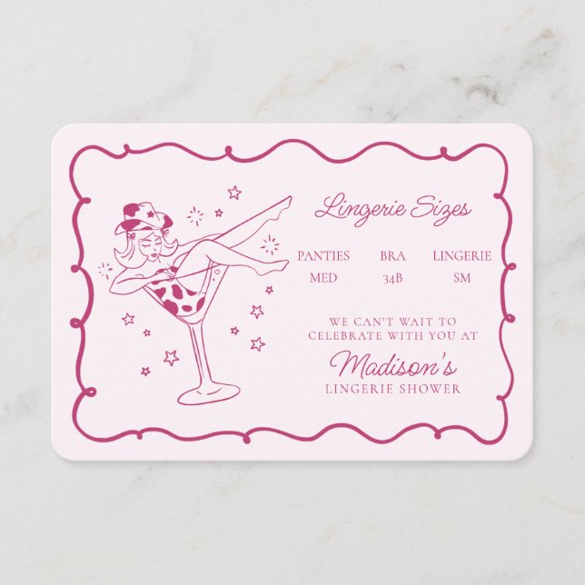 Rosa Cocktails and Cowgirl Lingerie Sizes Infoga Tilläggskort (Framsida)