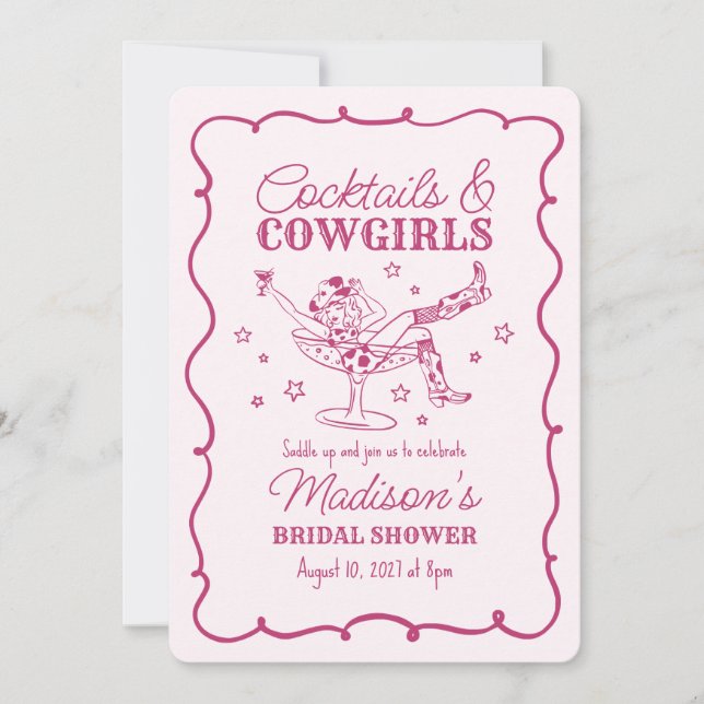 Rosa Cocktails and Cowgirl Nash Möhippa Showe Inbjudningar (Framsida)