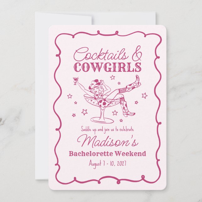 Rosa Cocktails och Cowgirl Nash Bash Bachelorette Inbjudningar (Framsida)