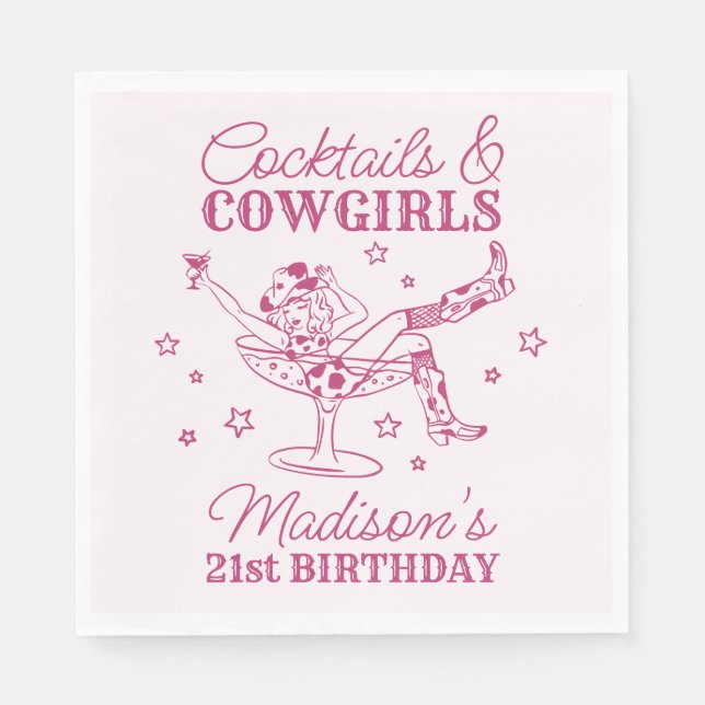 Rosa Cocktails och Cowgirl Rodeo Birthday Pappersservett (Framsidan)