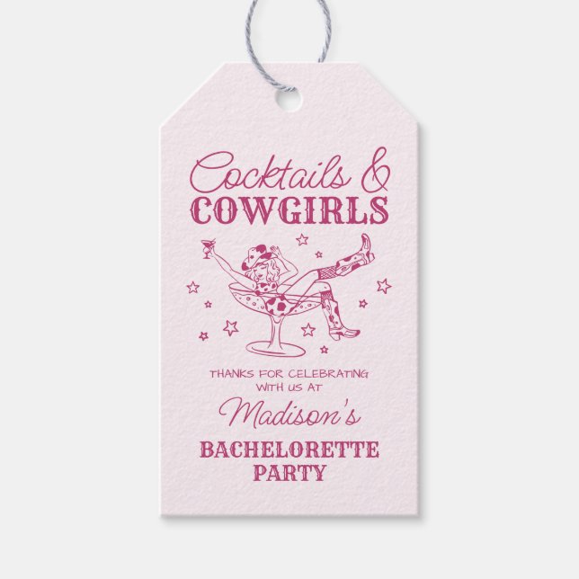 Rosa Cocktails och Cowtjejer Rodeo Bachelorette Presentetikett (Framsidan)