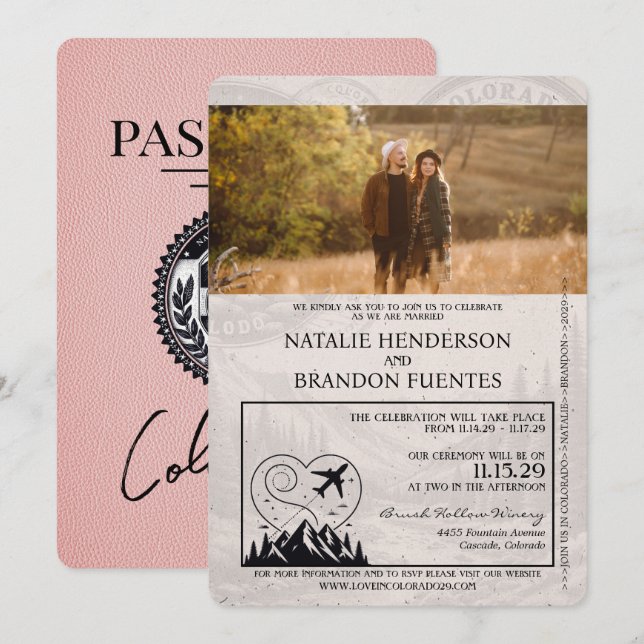 Rosa Colorado Passport Bröllop Inbjudningar (Fram/baksida)