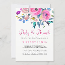 Rosa Colorful Blommigt Baby & Brunch Inbjudan