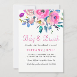Rosa Colorful Blommigt Baby & Brunch Inbjudan