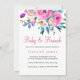 Rosa Colorful Blommigt Baby & Brunch Inbjudan