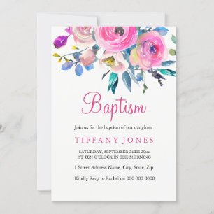 Rosa Colorful Blommigt Baptism Christening inbjuda Inbjudningar
