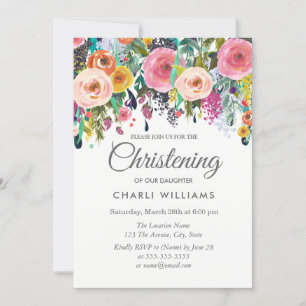 Rosa Colorful Flowers Christening baptism inbjudan