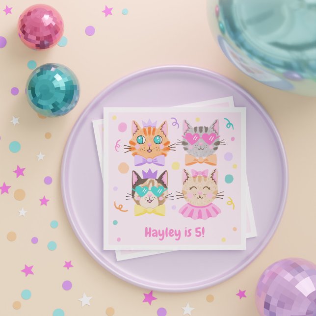 Rosa Colorful Kitten Cat Girls Barns födelsedag Pa Pappersservett (Pink Colorful Kitten Cat Girls Kids Birthday Party Napkins)